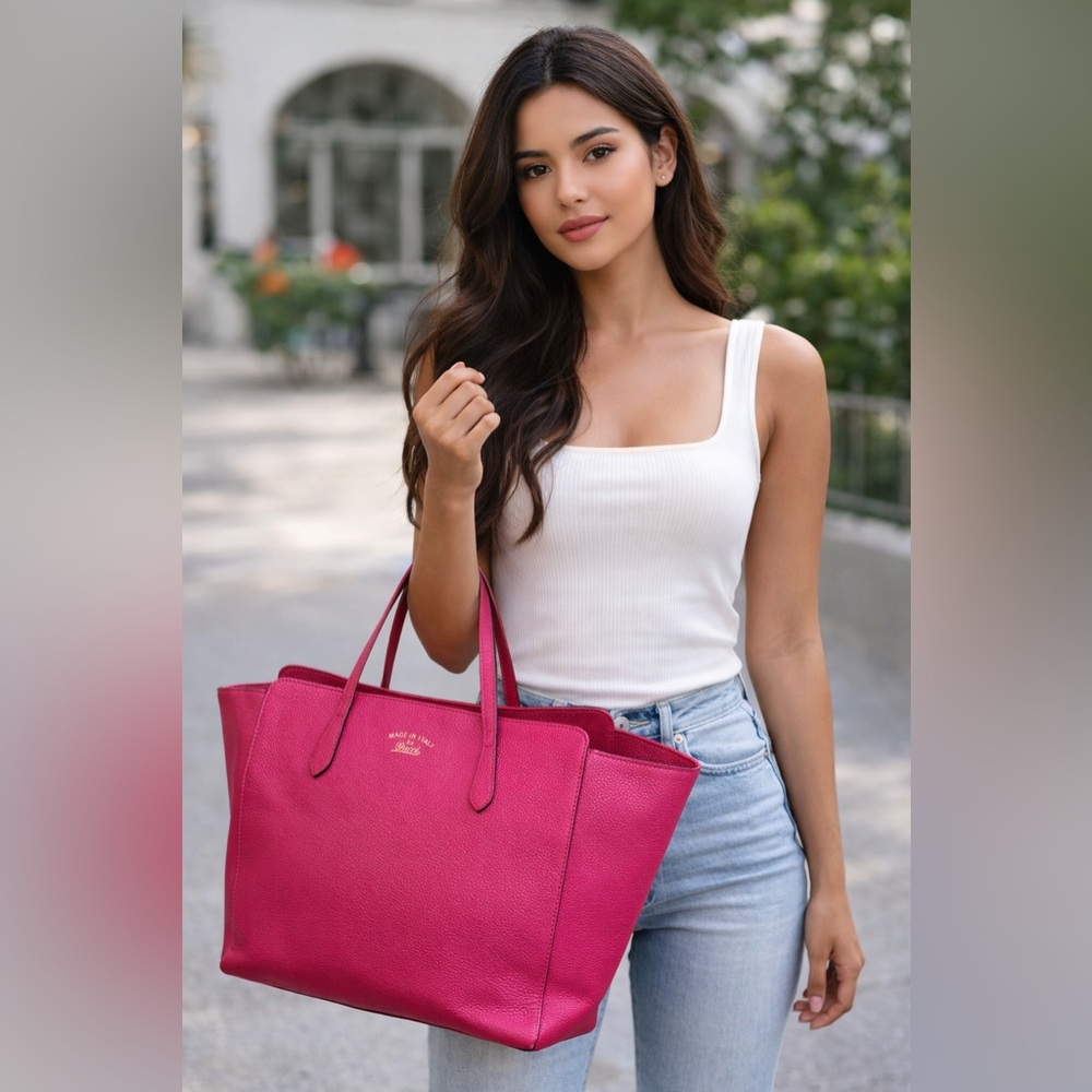 Gucci authentic pink leather large Swing tote bag beige lining